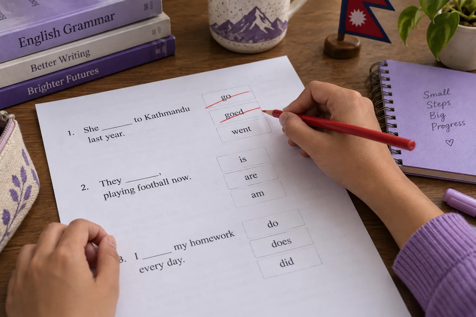 Hand eliminating incorrect grammar forms in a fill-in-the-blanks exercise