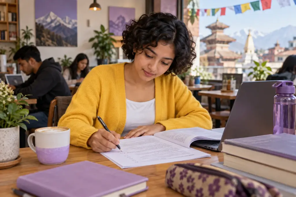 Nepali learner selecting one reading answer after checking passage evidence