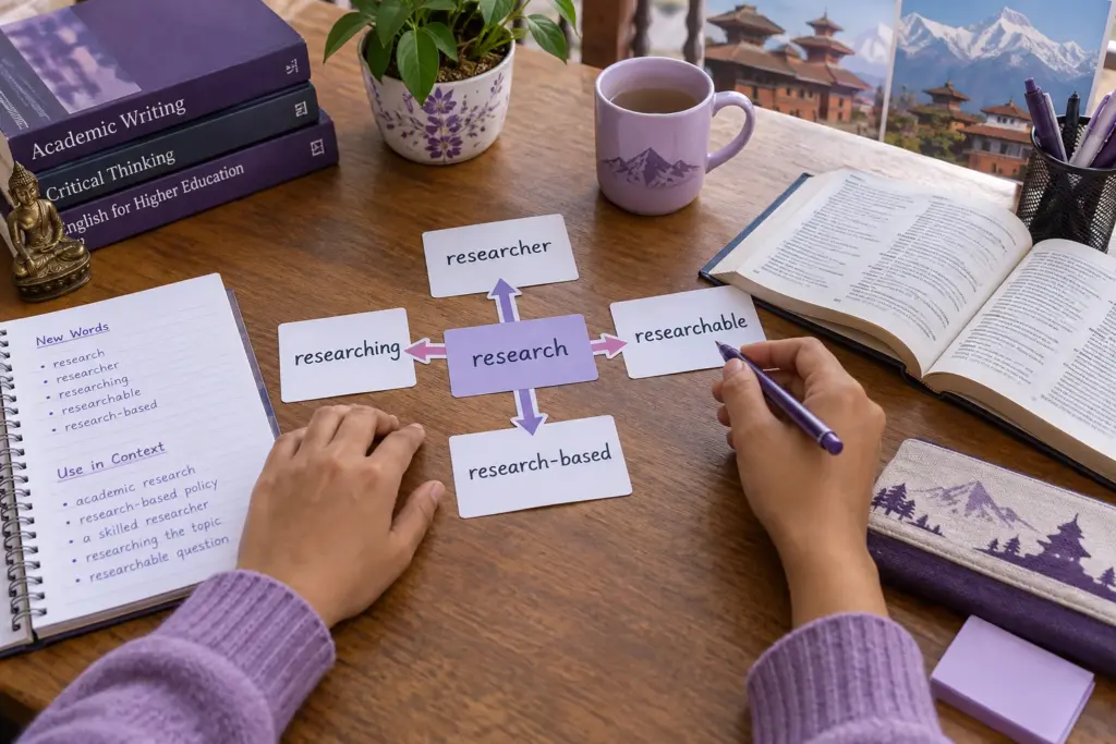 Hands arranging vocabulary word-family cards beside a reading notebook