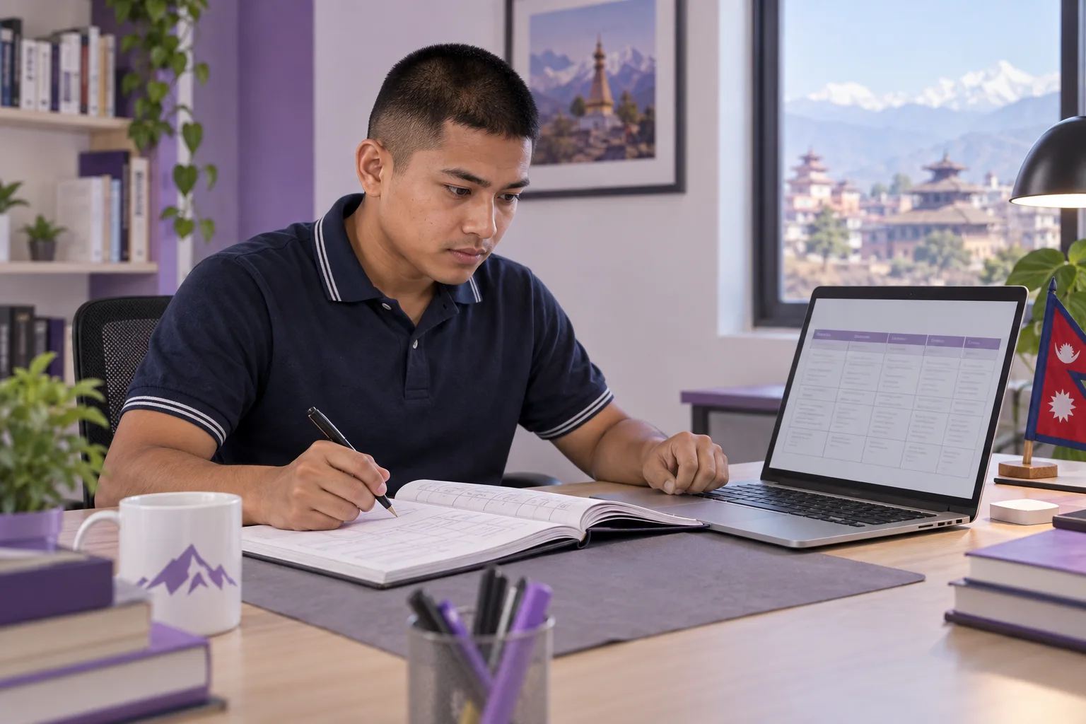 Nepali learner reviewing reading practice notes beside a laptop