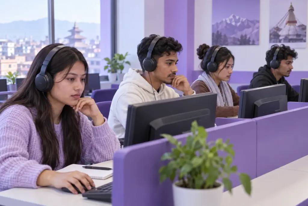 Students practising PTE Academic listening with headphones in a computer classroom