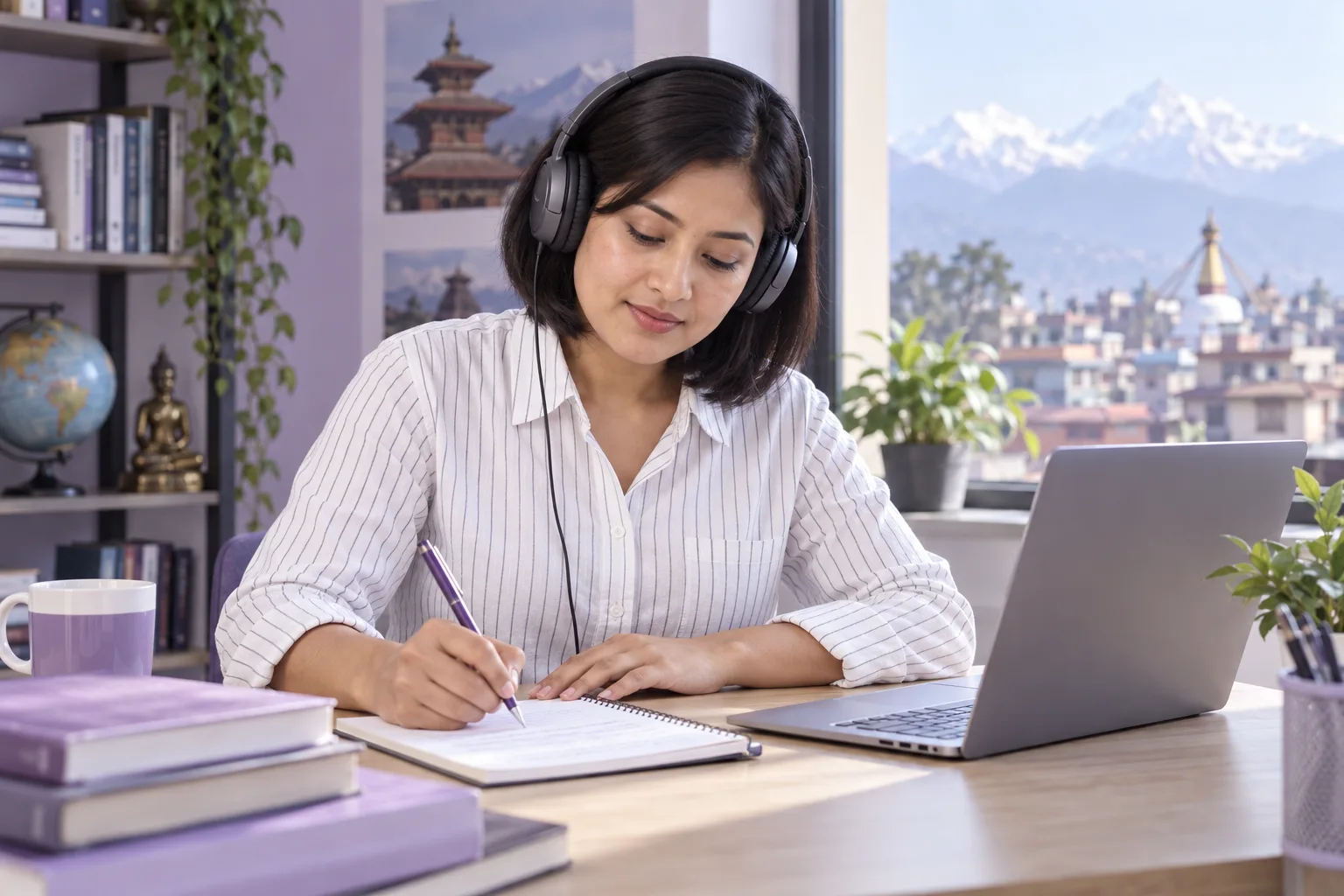 Learner writing concise listening notes beside a laptop