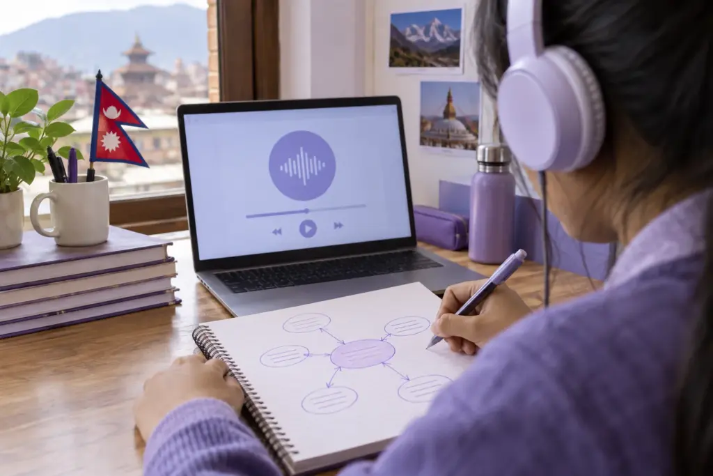 Headphone listener recording key ideas from audio in a notebook