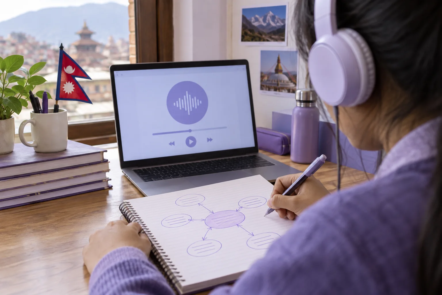 Headphone listener recording key ideas from audio in a notebook