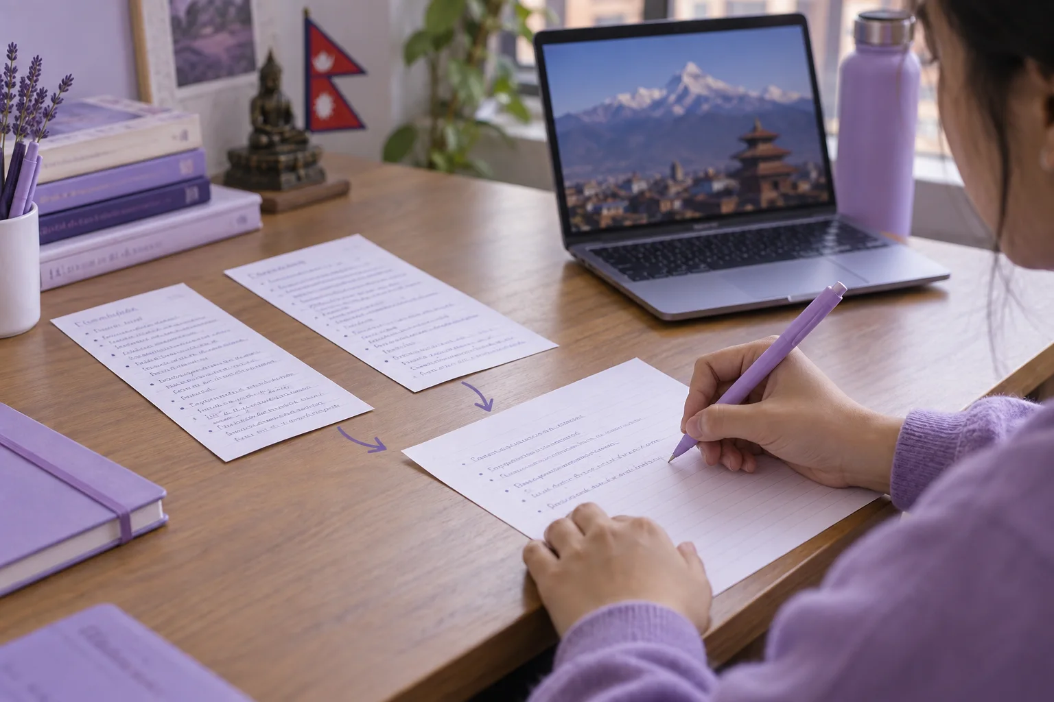 Hands comparing a listening summary with supporting notes