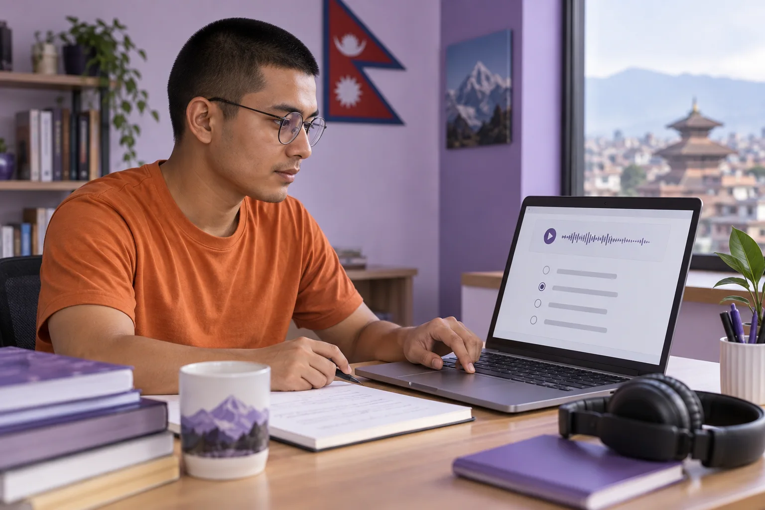 Learner checking supported listening answers on a laptop
