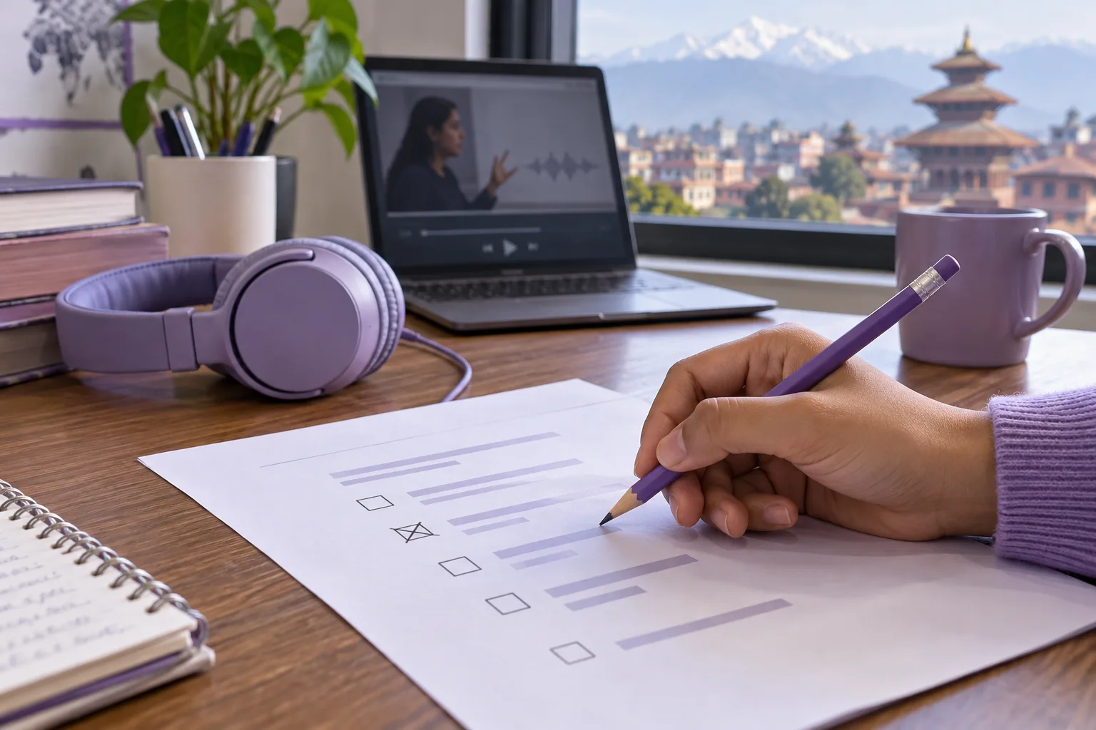 Hand marking evidence on a listening worksheet beside headphones