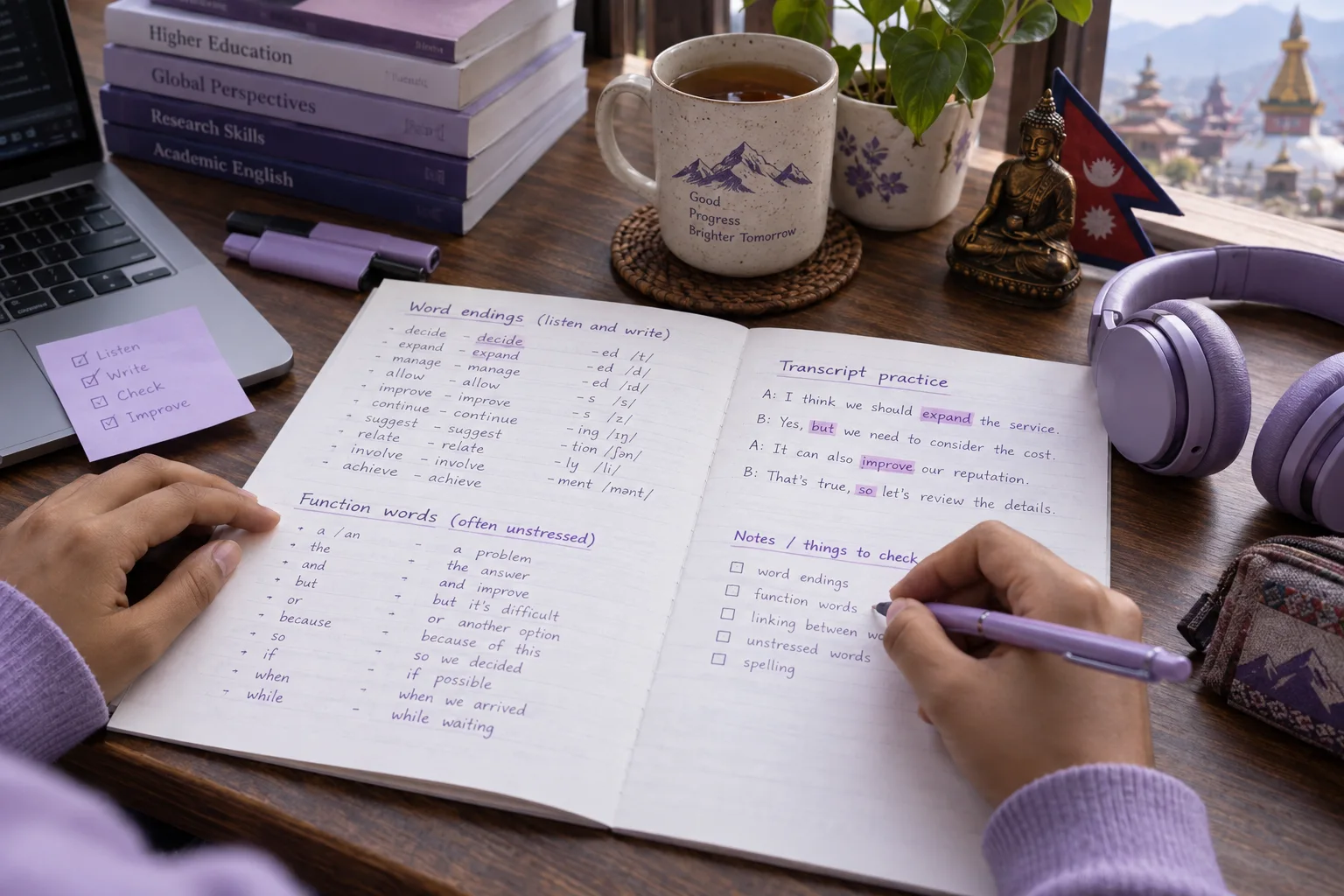 Hands reviewing a multiple-answer listening practice worksheet