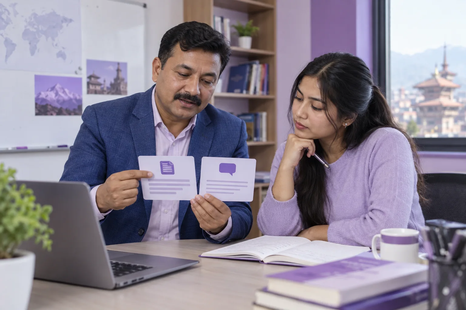 Tutor explaining two summary choices to a learner