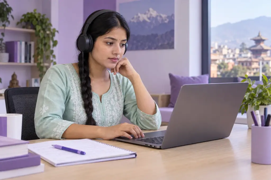 Learner listening carefully and reviewing a passage on a laptop