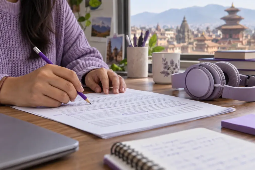 Hands checking transcript words with a pencil beside headphones
