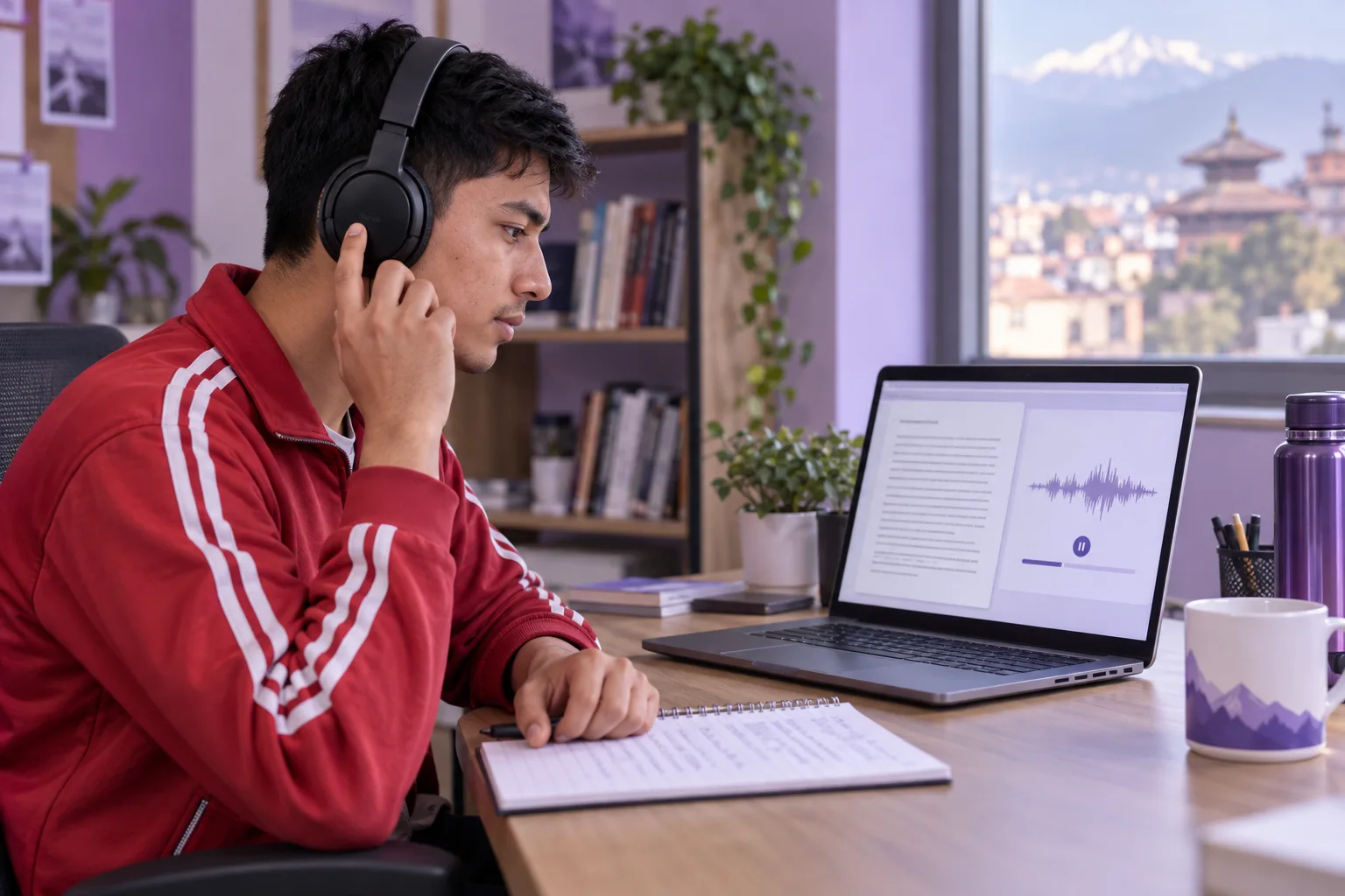 Learner practising audio comprehension with a headset and laptop