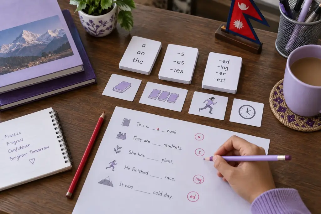 Hands arranging dictated word cards beside a listening notebook