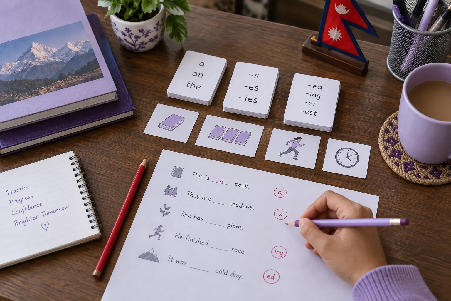 Hands arranging dictated word cards beside a listening notebook