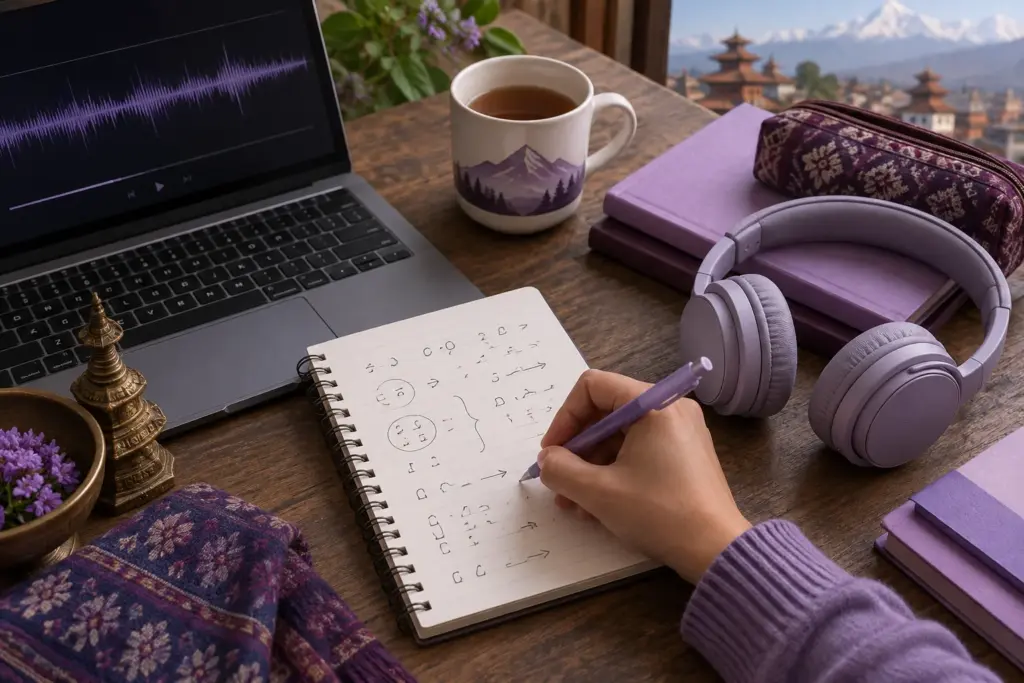 Hand checking an audio waveform and notes beside headphones