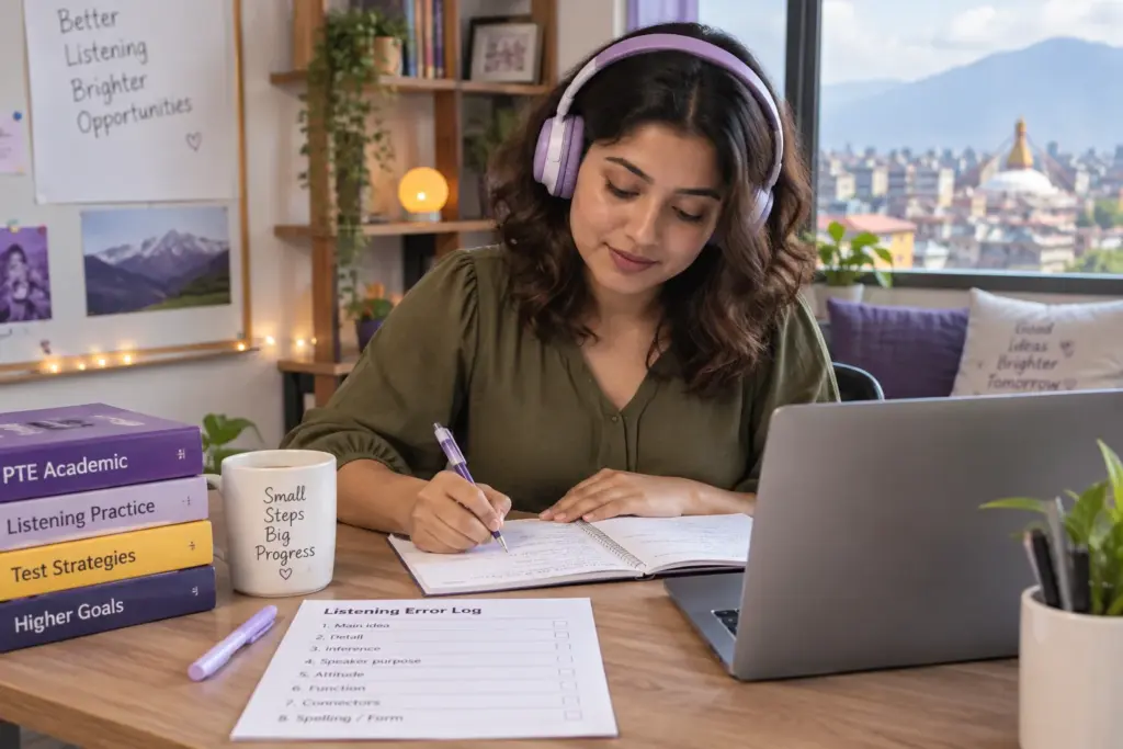 Learner reviewing a listening practice worksheet beside a laptop