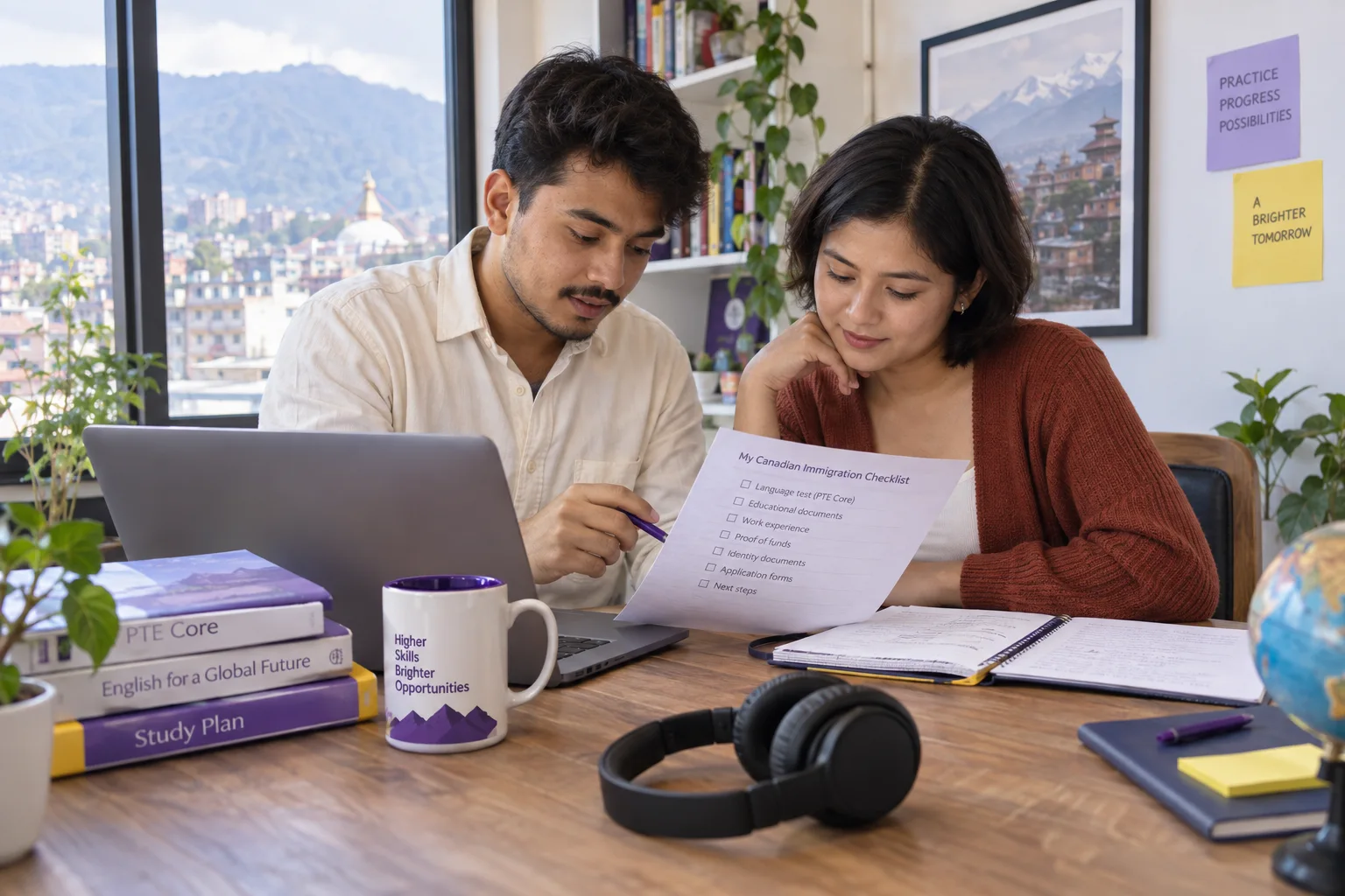 Two Nepali learners reviewing a PTE Core preparation checklist