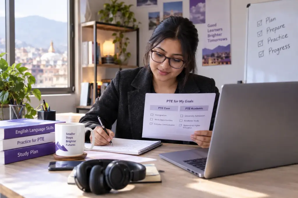 Learner comparing study and immigration test plans beside a laptop