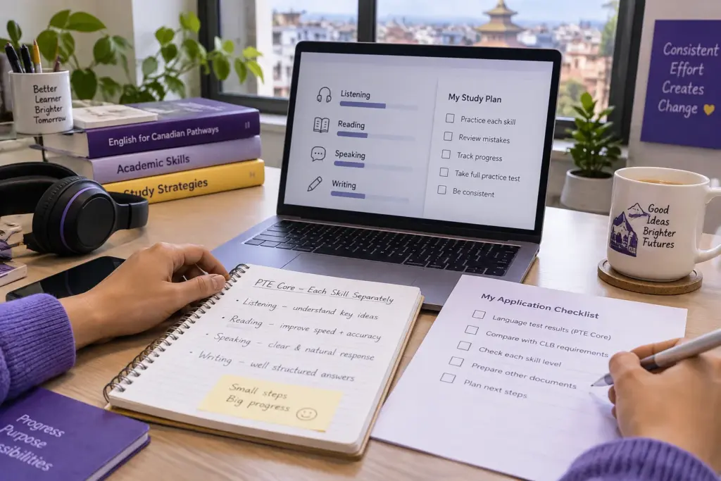 Hands reviewing language-skill notes beside a laptop and headphones