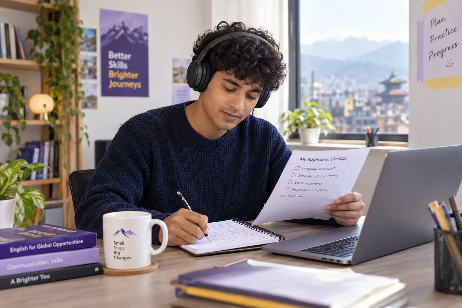 Learner checking a language preparation worksheet beside headphones