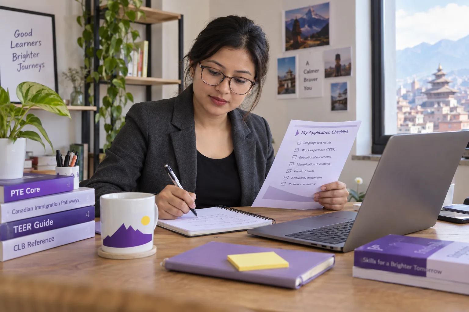 Learner reviewing language preparation notes beside a laptop
