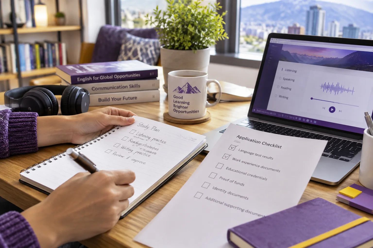 Hands completing a practical language preparation checklist beside headphones