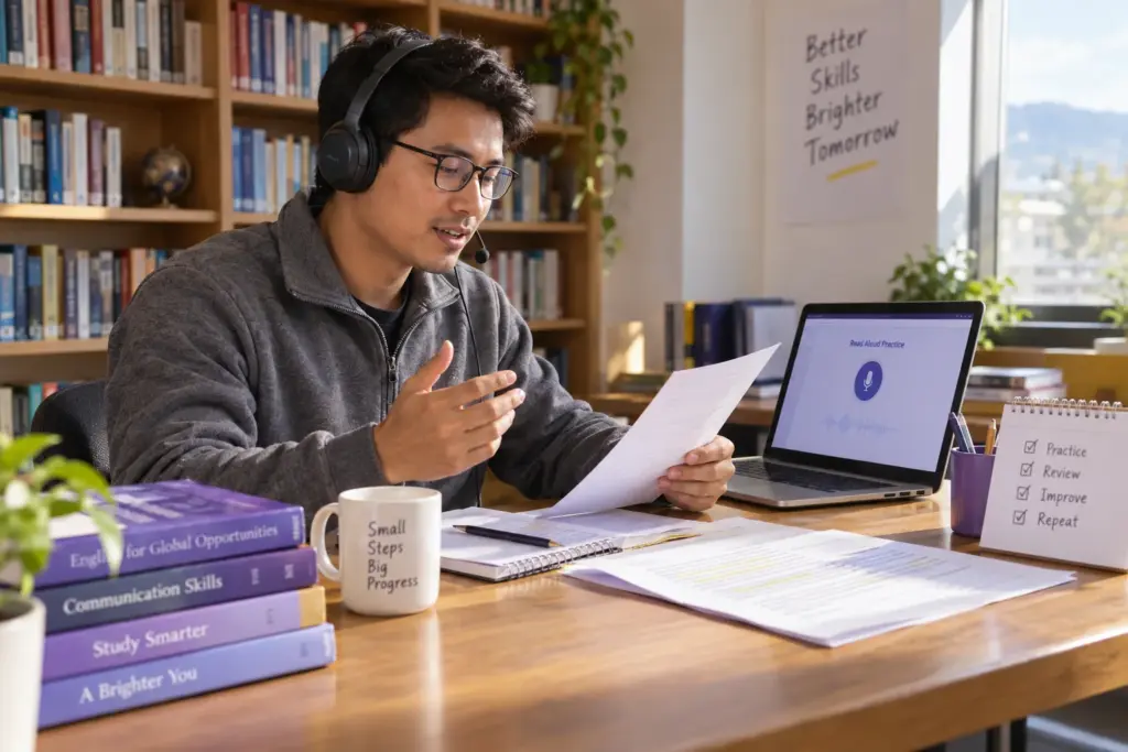 Learner reading a passage aloud through a headset microphone