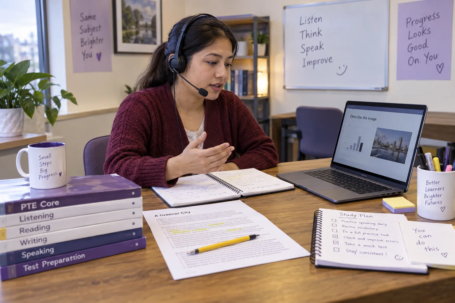 Learner describing a chart on a laptop through a headset microphone