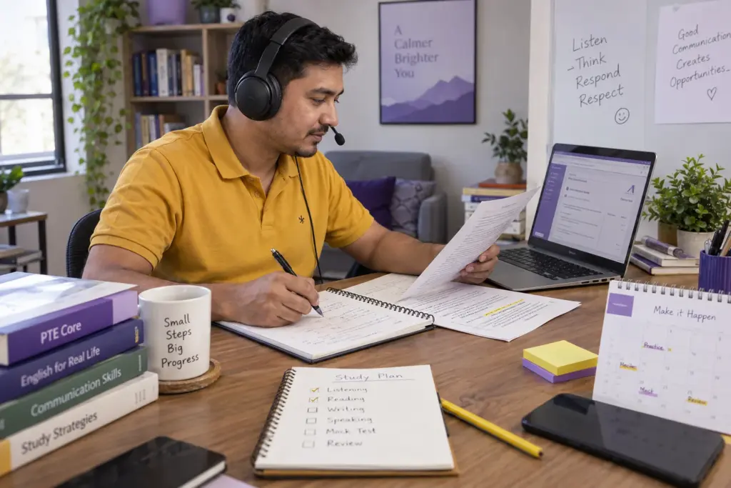 Learner reviewing a practical speaking scenario beside a laptop