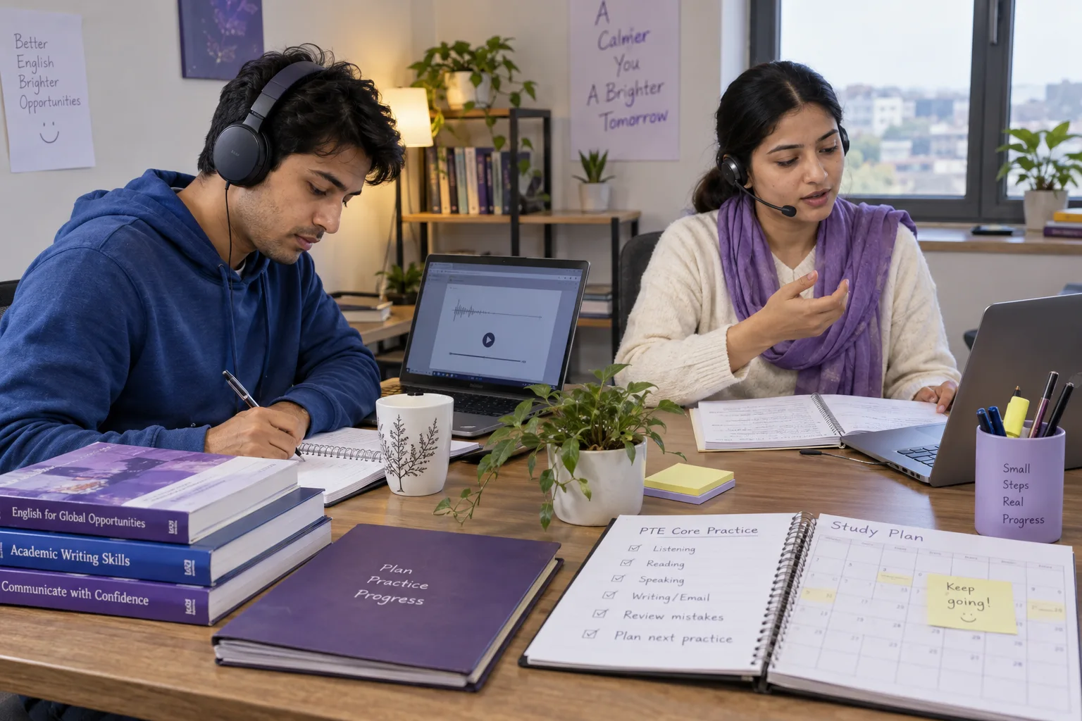 Two learners practising spoken responses with headset microphones