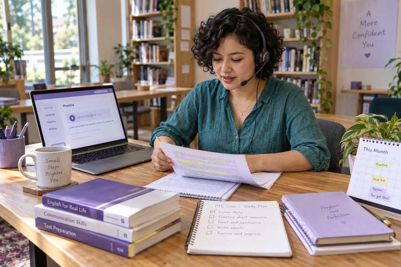 Learner preparing a brief spoken answer from a practice worksheet