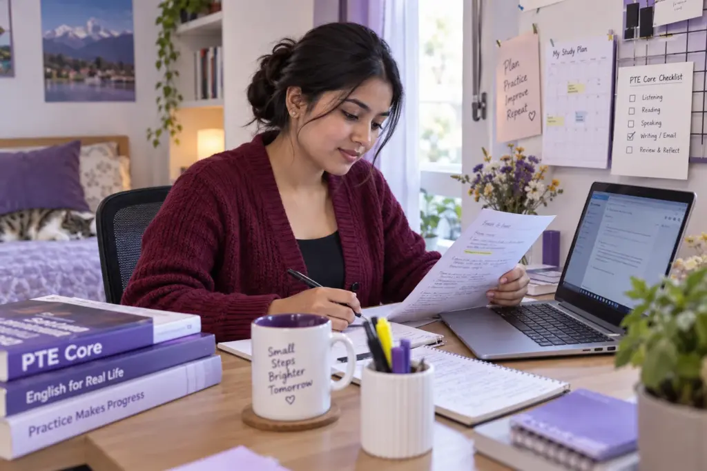 Learner reviewing a written draft beside a laptop and notebook