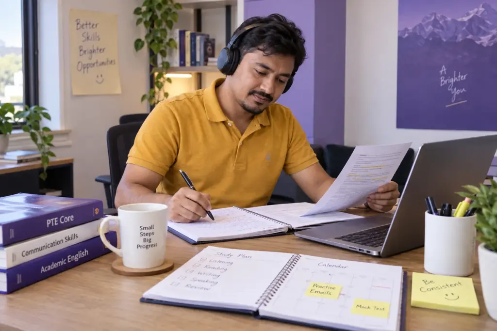 Learner checking a writing practice worksheet beside a laptop