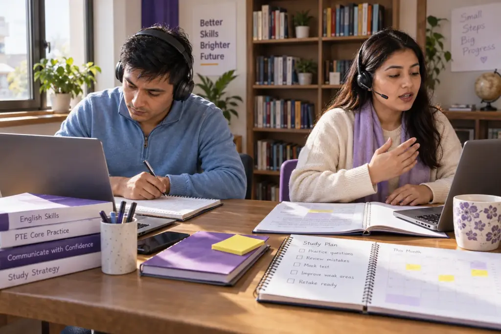 Two learners reviewing language practice notes at a study desk