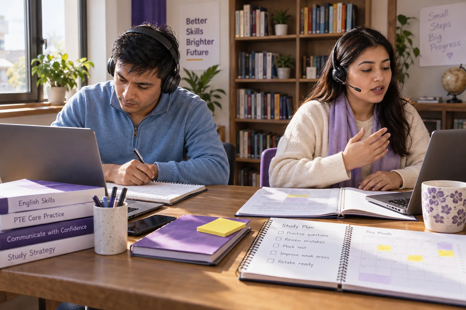 Two learners reviewing language practice notes at a study desk