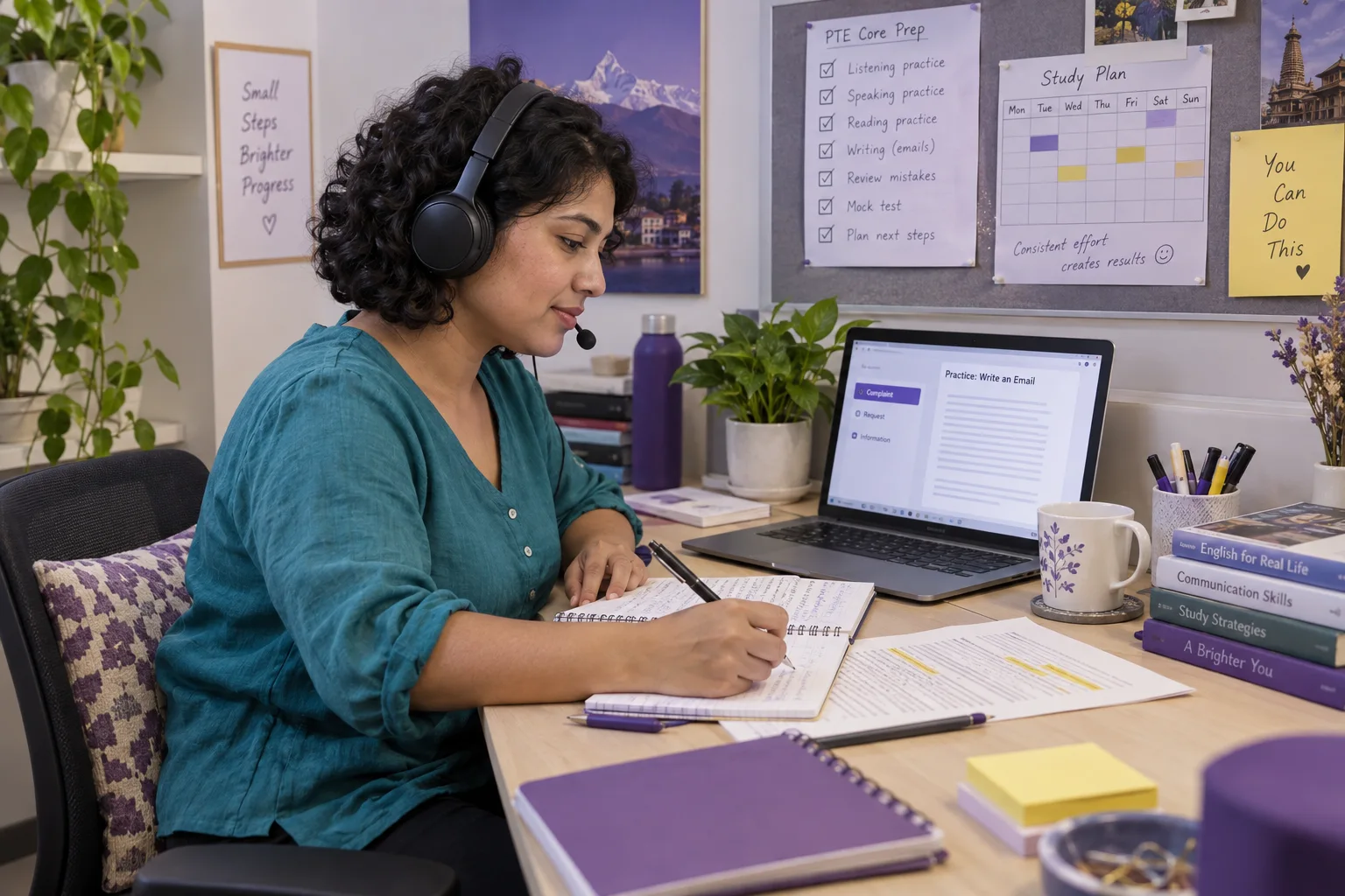 Learner checking written language practice on a laptop