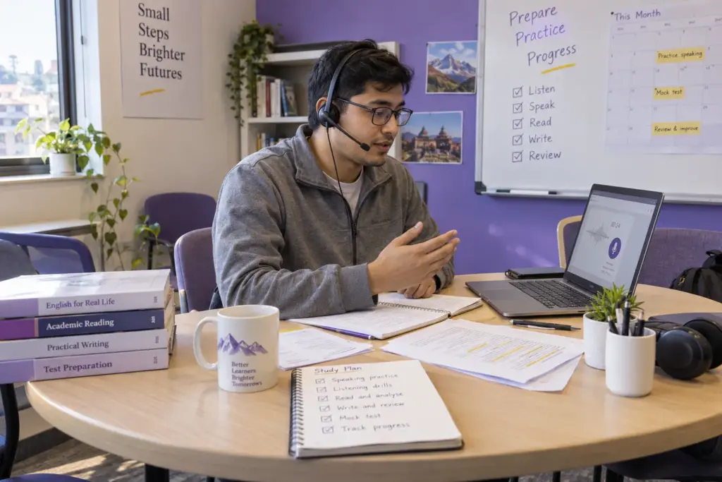 Learner practising clear spoken responses through a headset microphone