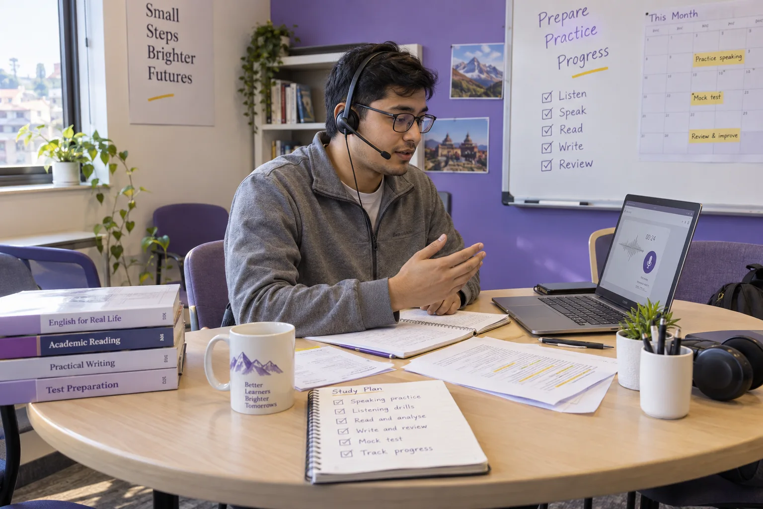 Learner practising clear spoken responses through a headset microphone