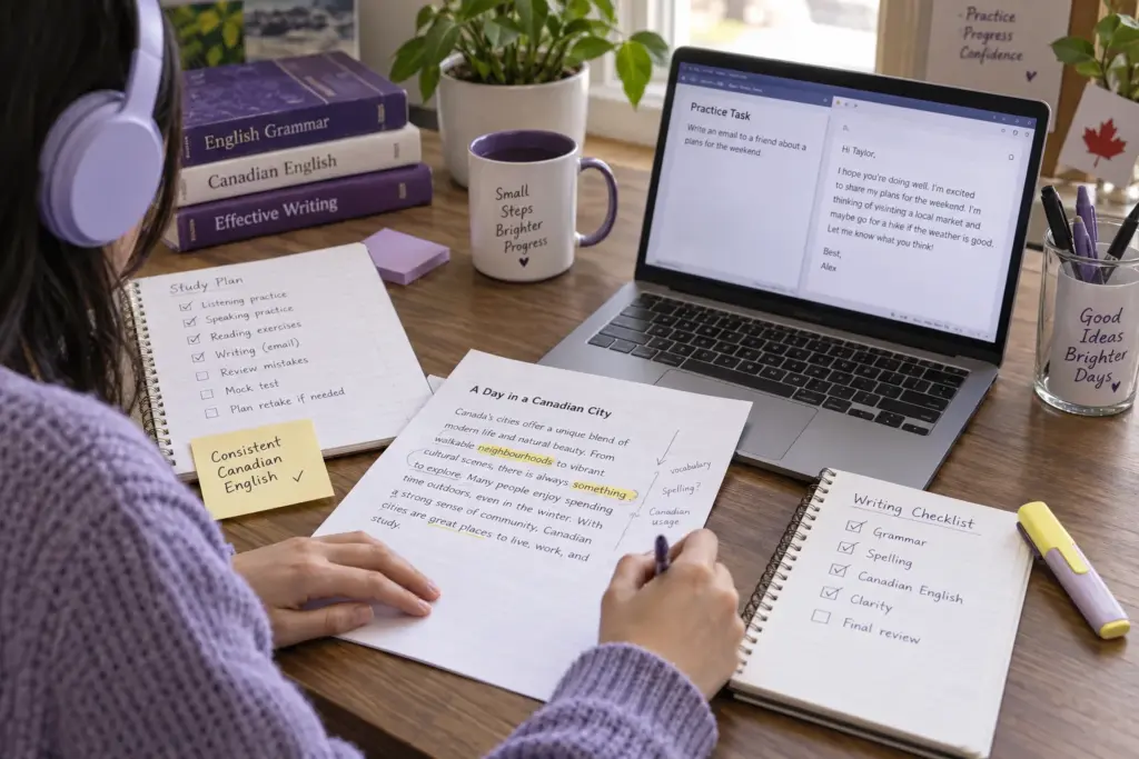 Hands checking a written passage and grammar notes beside a laptop