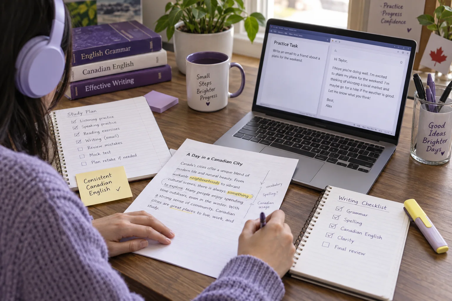 Hands checking a written passage and grammar notes beside a laptop