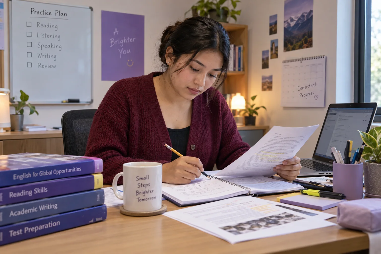 Learner reviewing a reading passage beside a laptop