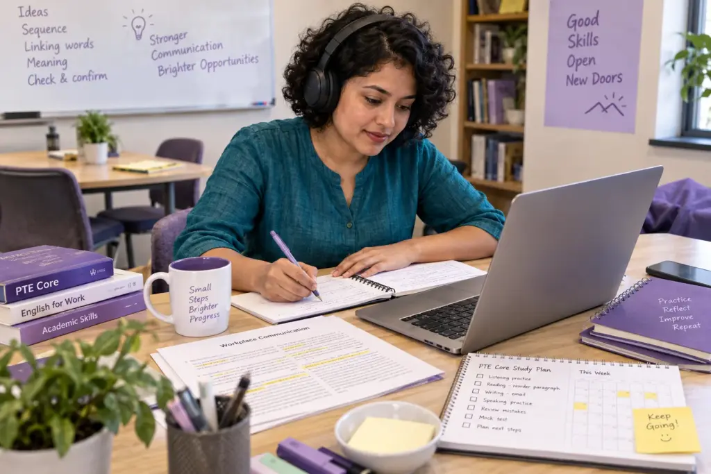 Learner comparing passage sections with handwritten sequence notes