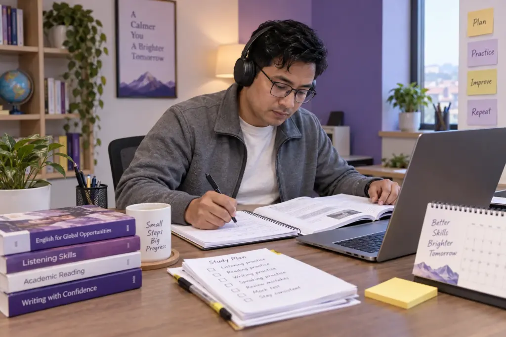 Learner practising listening with headphones and a notebook
