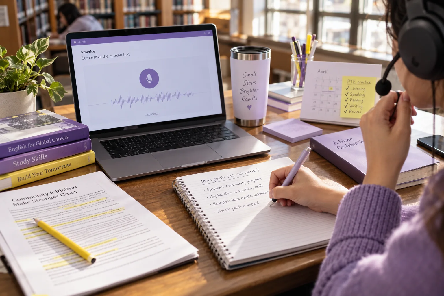 Learner taking concise audio notes for a spoken-text summary
