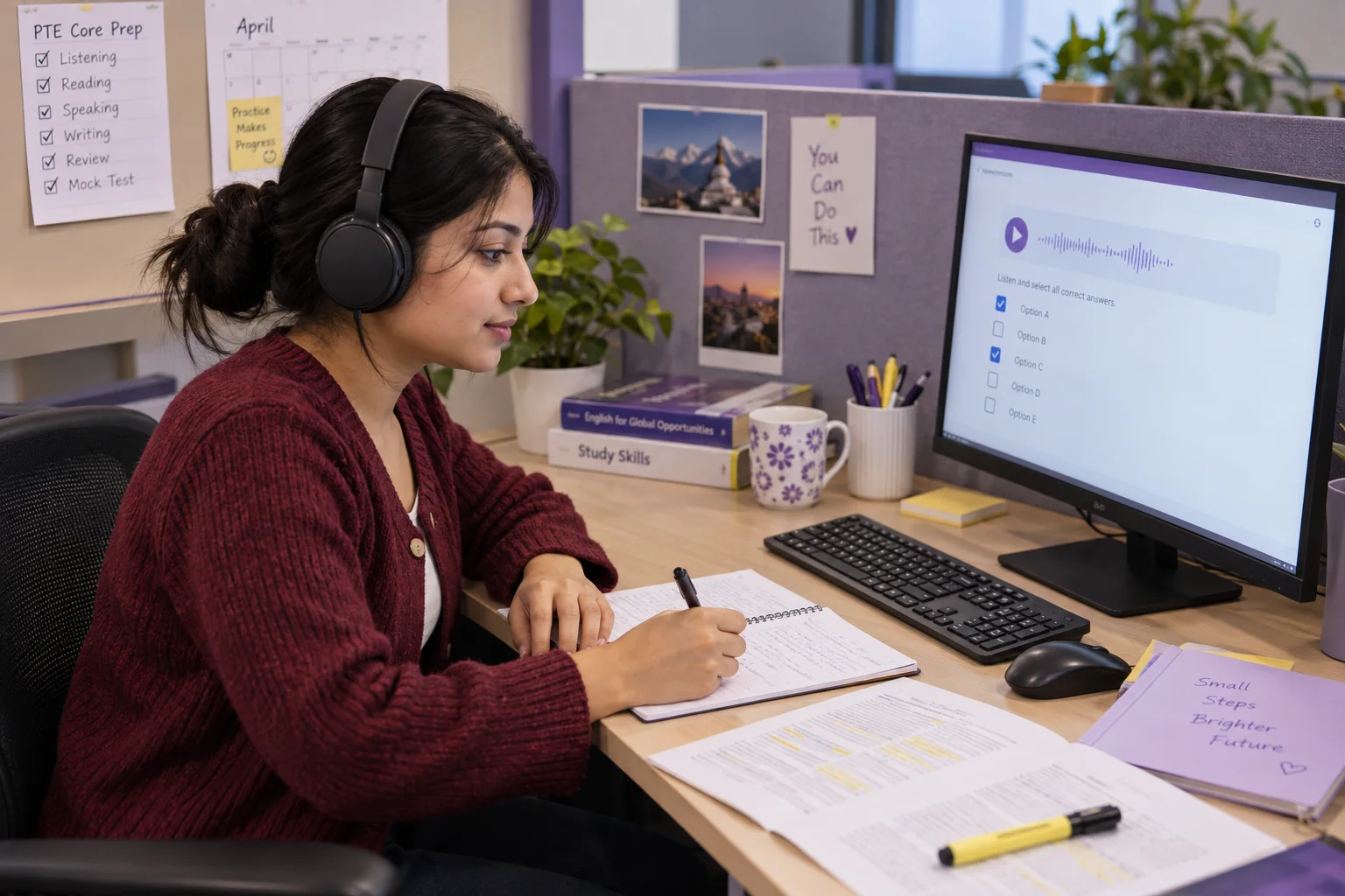Learner selecting supported listening answers on a computer screen