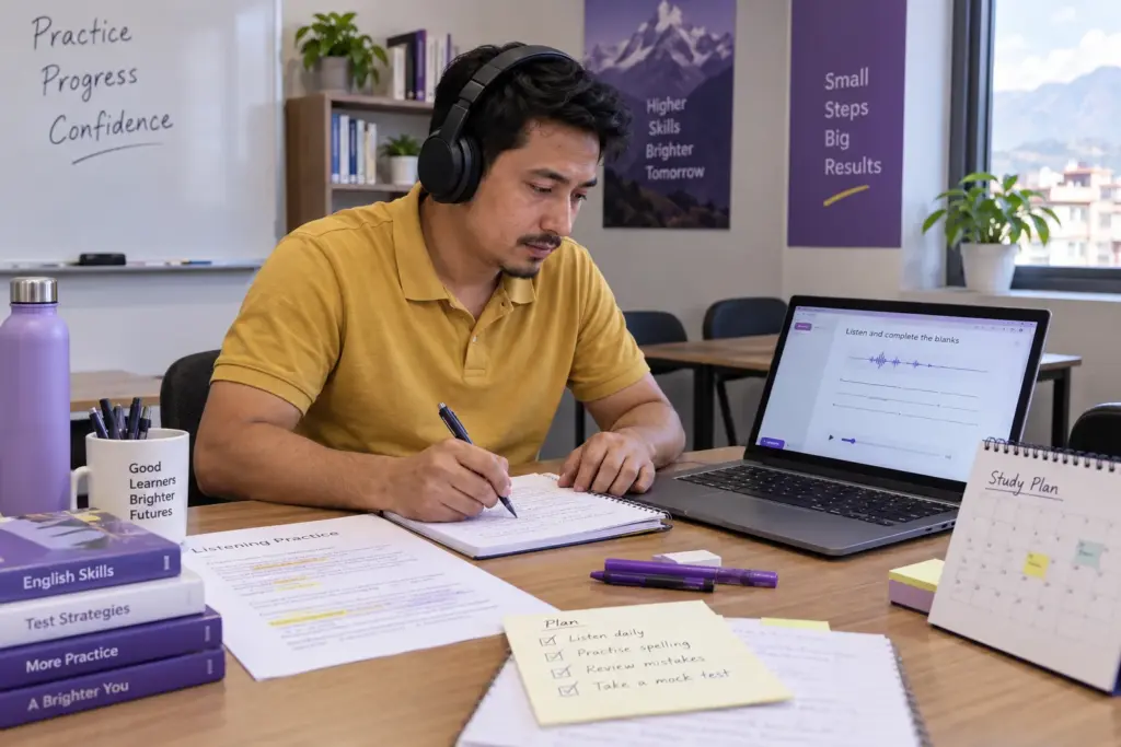 Learner writing listening answers beside a laptop and headphones