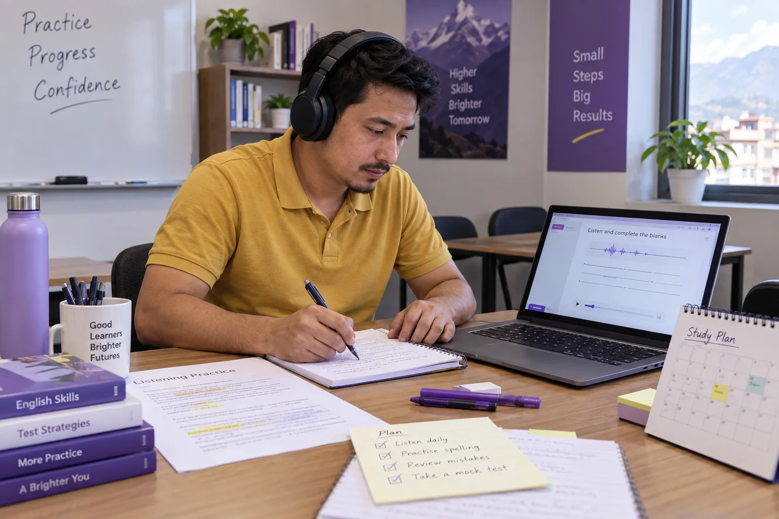 Learner writing listening answers beside a laptop and headphones