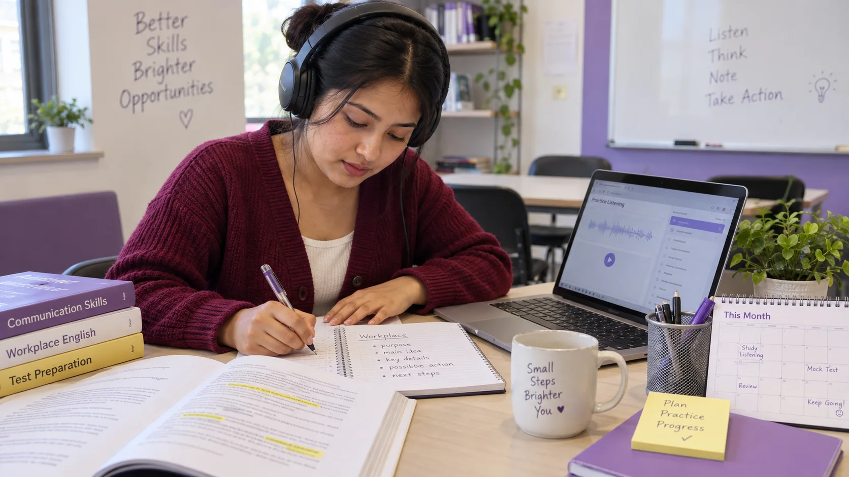 Learner taking brief listening notes with a headset