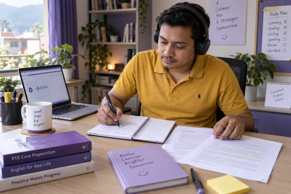 Learner reviewing listening practice errors beside a laptop