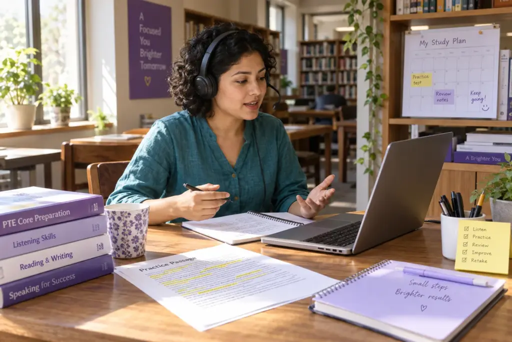 Learner reviewing PTE Core practice with headphones and a laptop